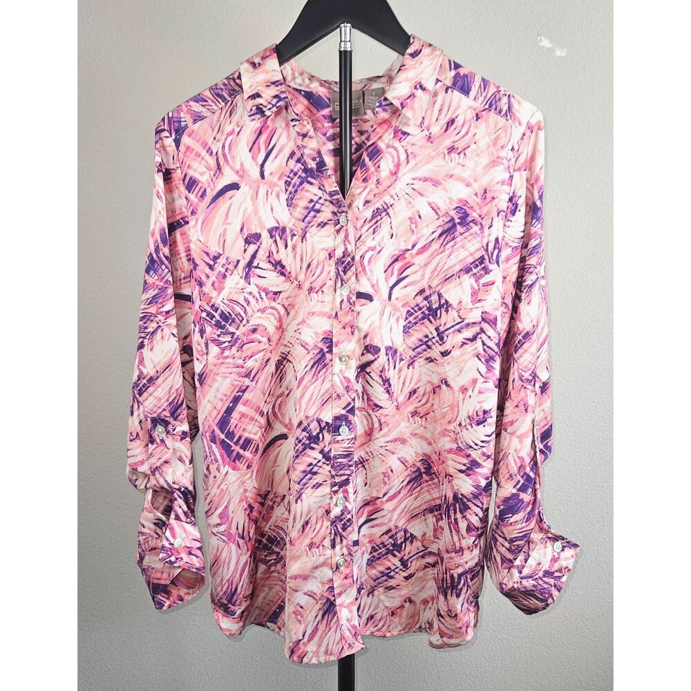 Chicos Size 1 Pink Purple Tropical Button Front Blouse Womens Abstract Palms